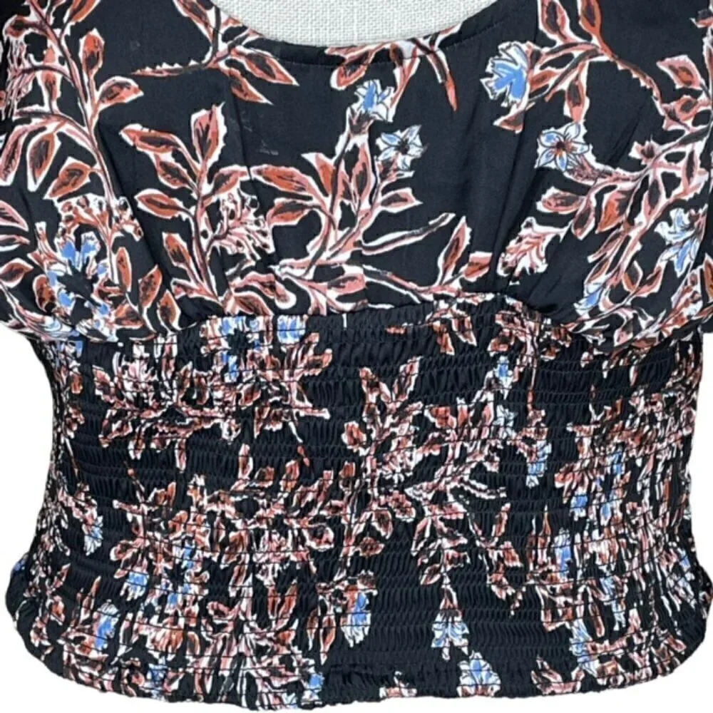 FREE PEOPLE Santiago Black Floral Smocked Cropped Blouse - Size Small